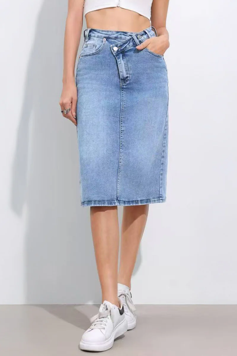 Casual Irregular Button Design Denim Straight Skirt