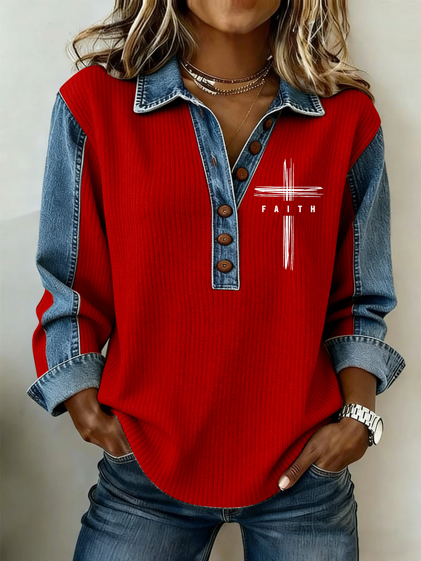 Women's Faith Printed Collar Button-Down Knit Top-Fast Shipping