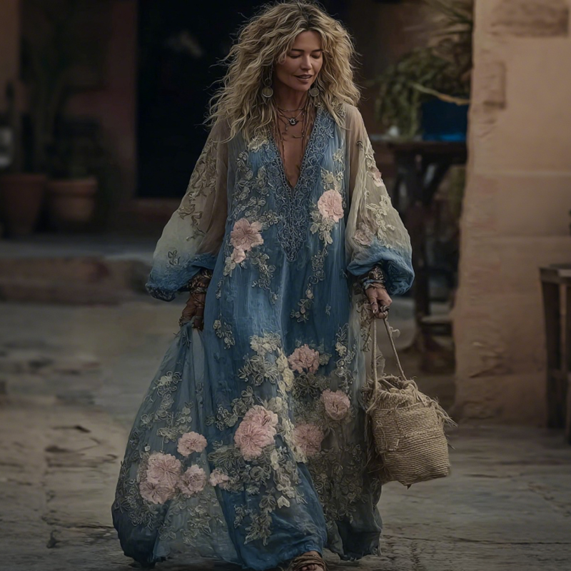 Vintage Floral Embroidered V Neck Casual Maxi Dress