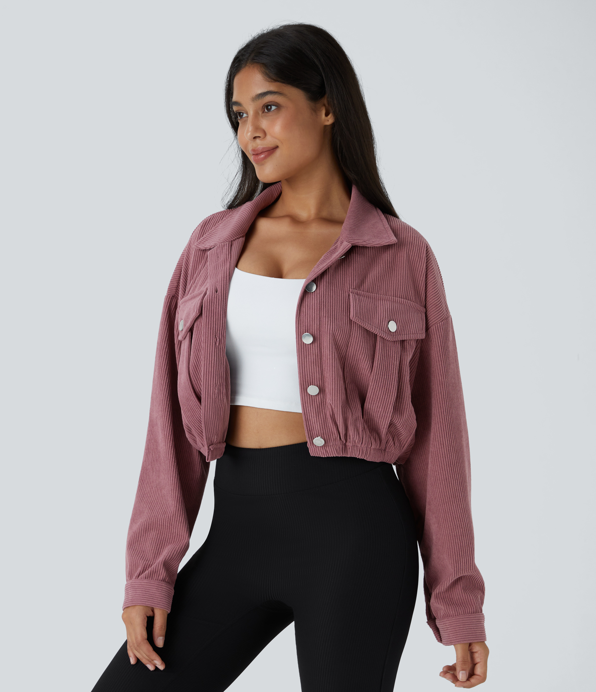 Pocket Cropped Corduroy Casual Jacket