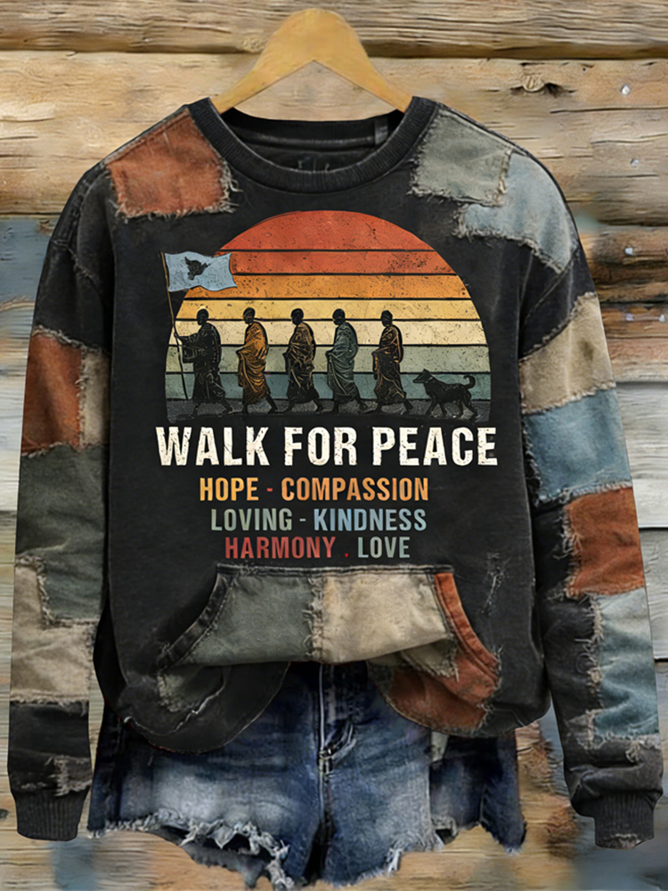 Vintage Walk For Peace Retro Patchwork Print Round Neck Sweatshirt