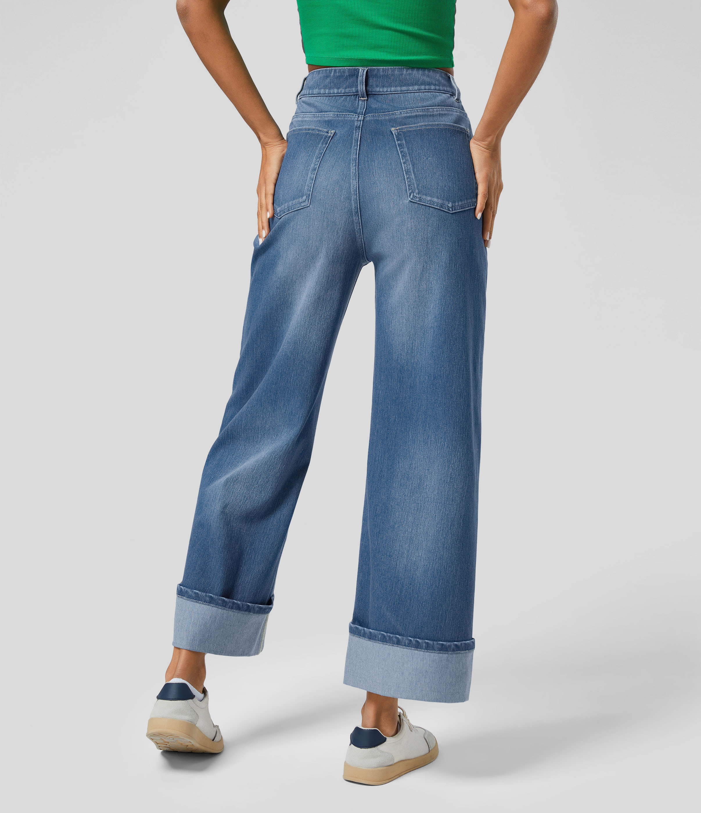 Halara Flex™ High Waisted Pockets Rolled Hem Wide Leg Washed Casual Jeans