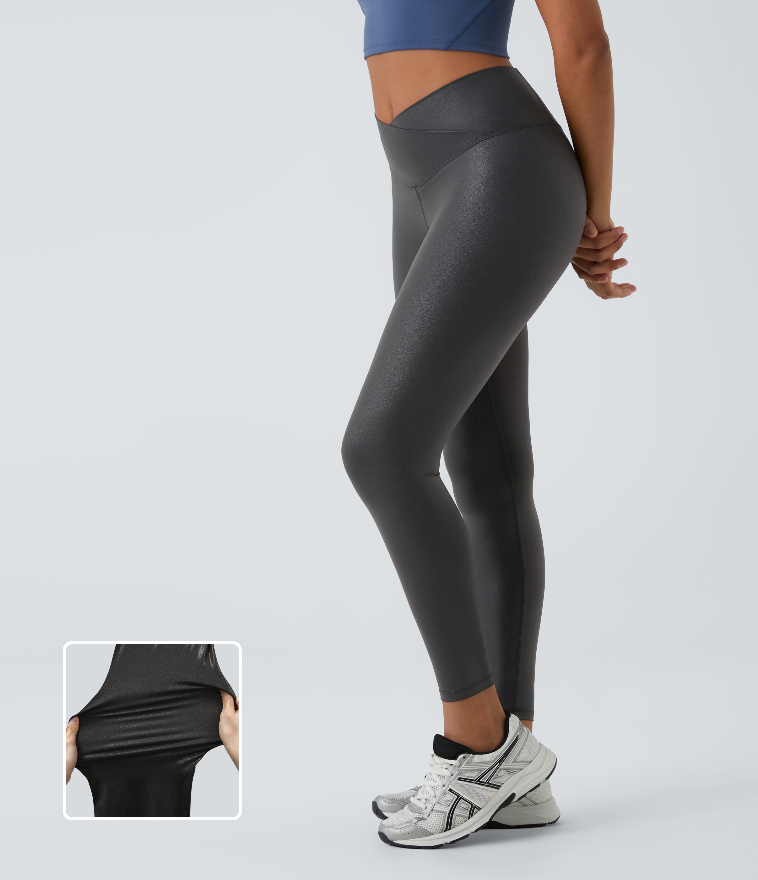 SoftlyZero™ Faux Leather Crossover Pocket Foil Print Stretchy Casual Leggings