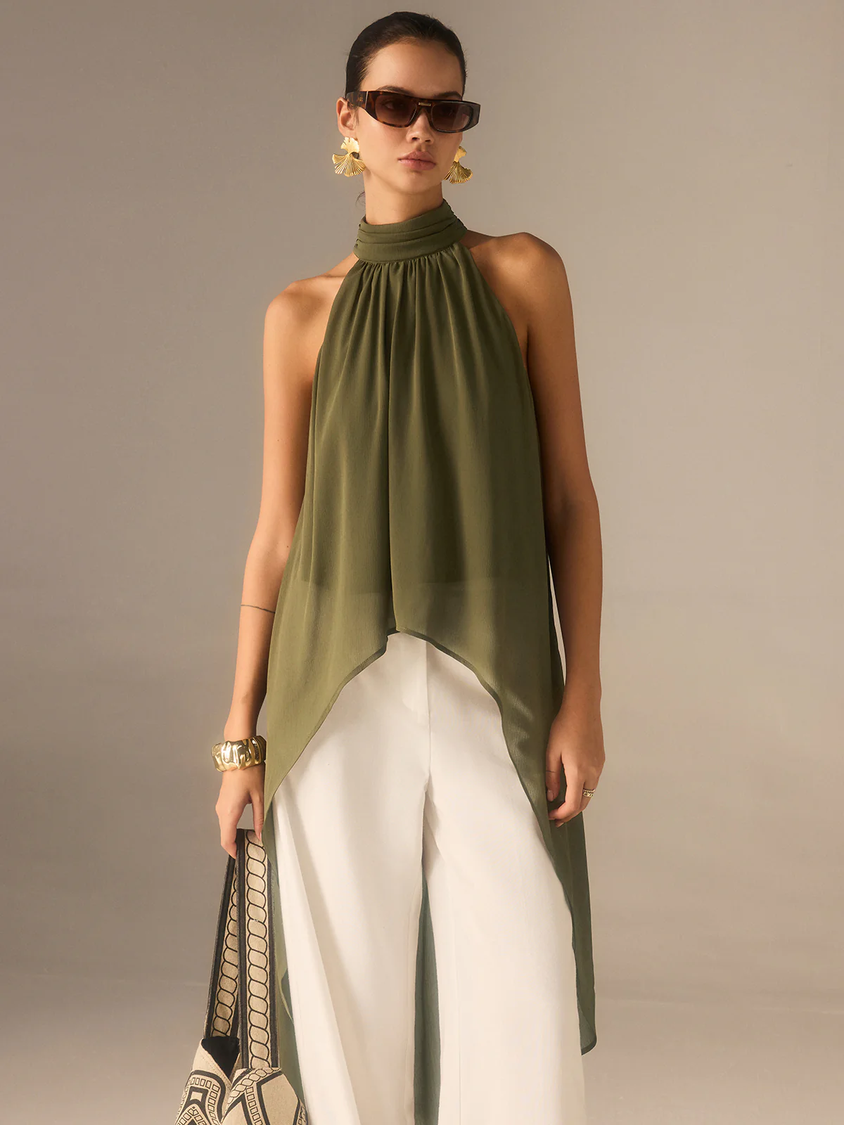 Semi-Sheer Halter-Neck Chiffon Long Top