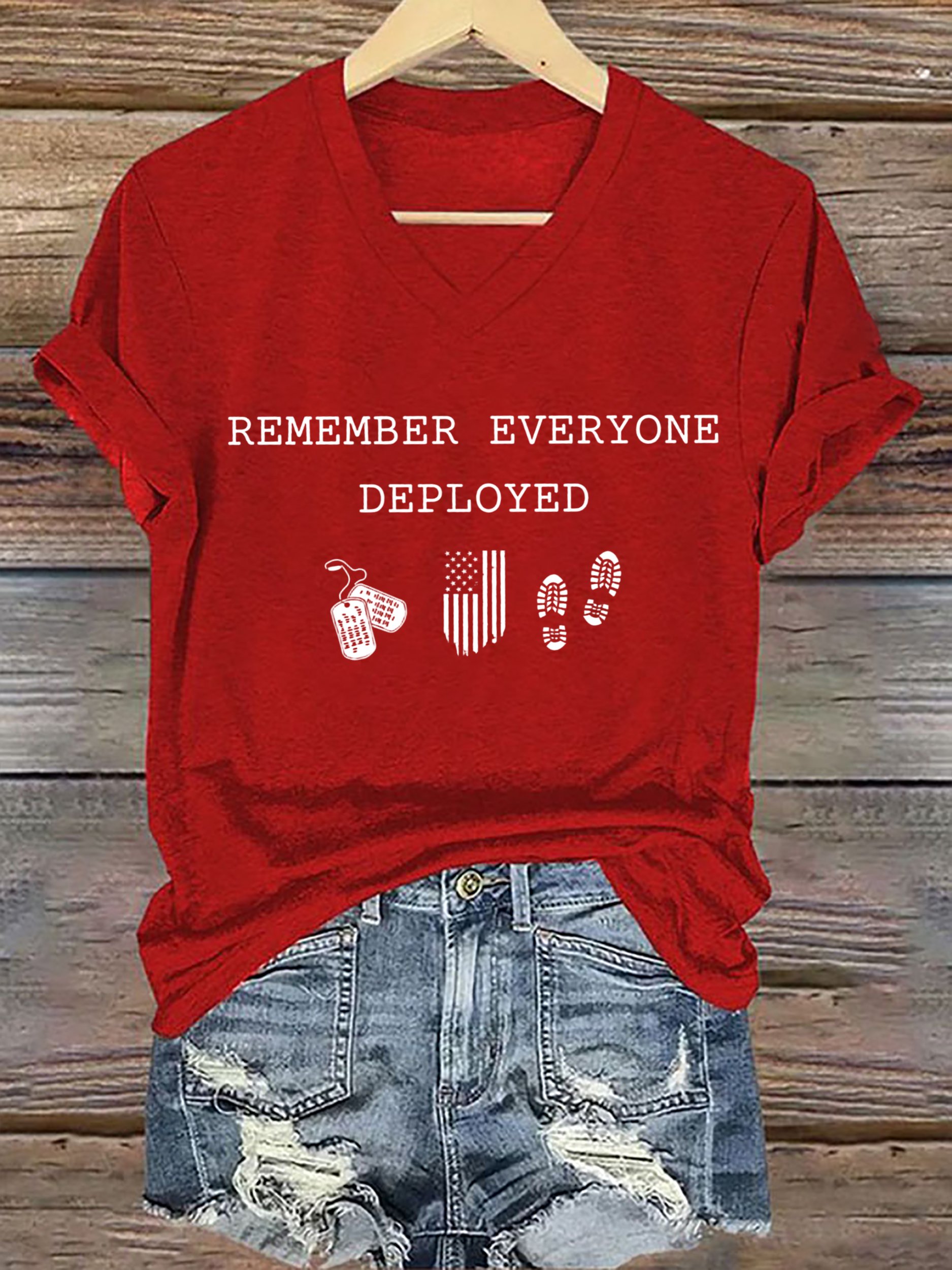 Women's On Fridays We Wear RED Remember Everyone Deployed Print V Neck T-shirt