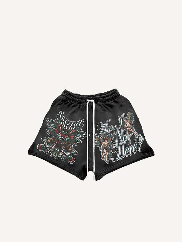 Figure&Pray&Angel&Floral&Letter&Skull Print Drawstring Waist Shorts