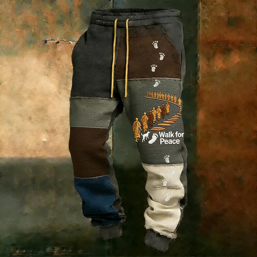 Retro Peace Monk And Alocan Dog Vintage Patchwork Sports Pants