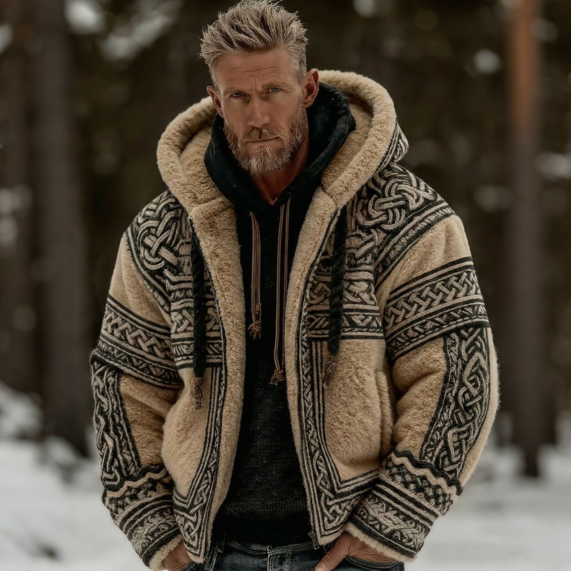 Men's Viking Celtic Art Plush Cozy Warm Zipped Hooded Jacket