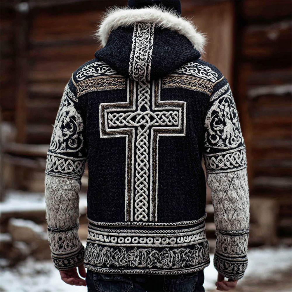 Irish Cross Pattern Men's Knit Hooded Wool Collar Zipper Jacket