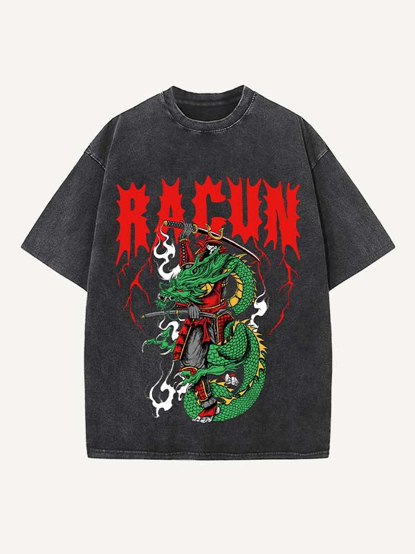 Distressed Washed Warrior&Dragon&Letter Print Round Neck T-shirt
