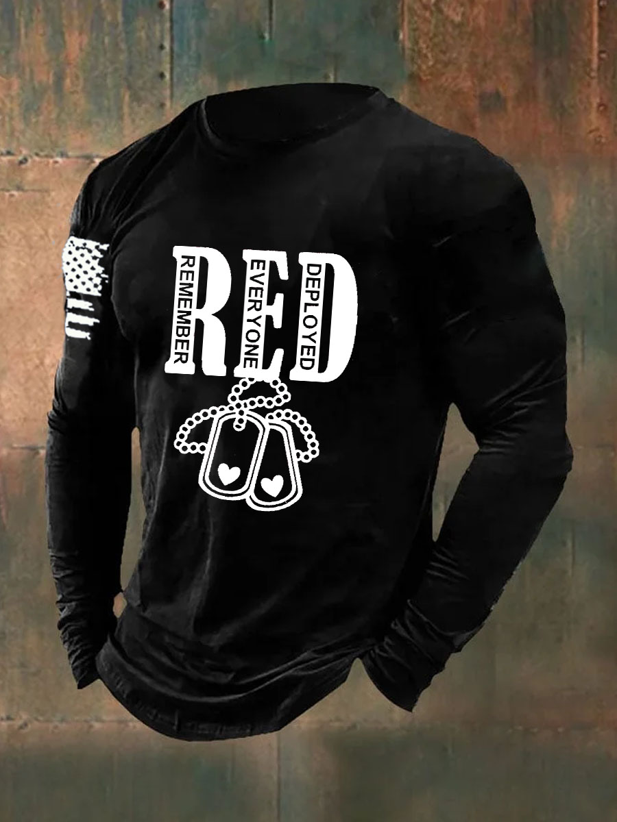 Red Dog Tag Printed Long Sleeve Cotton T-Shirt