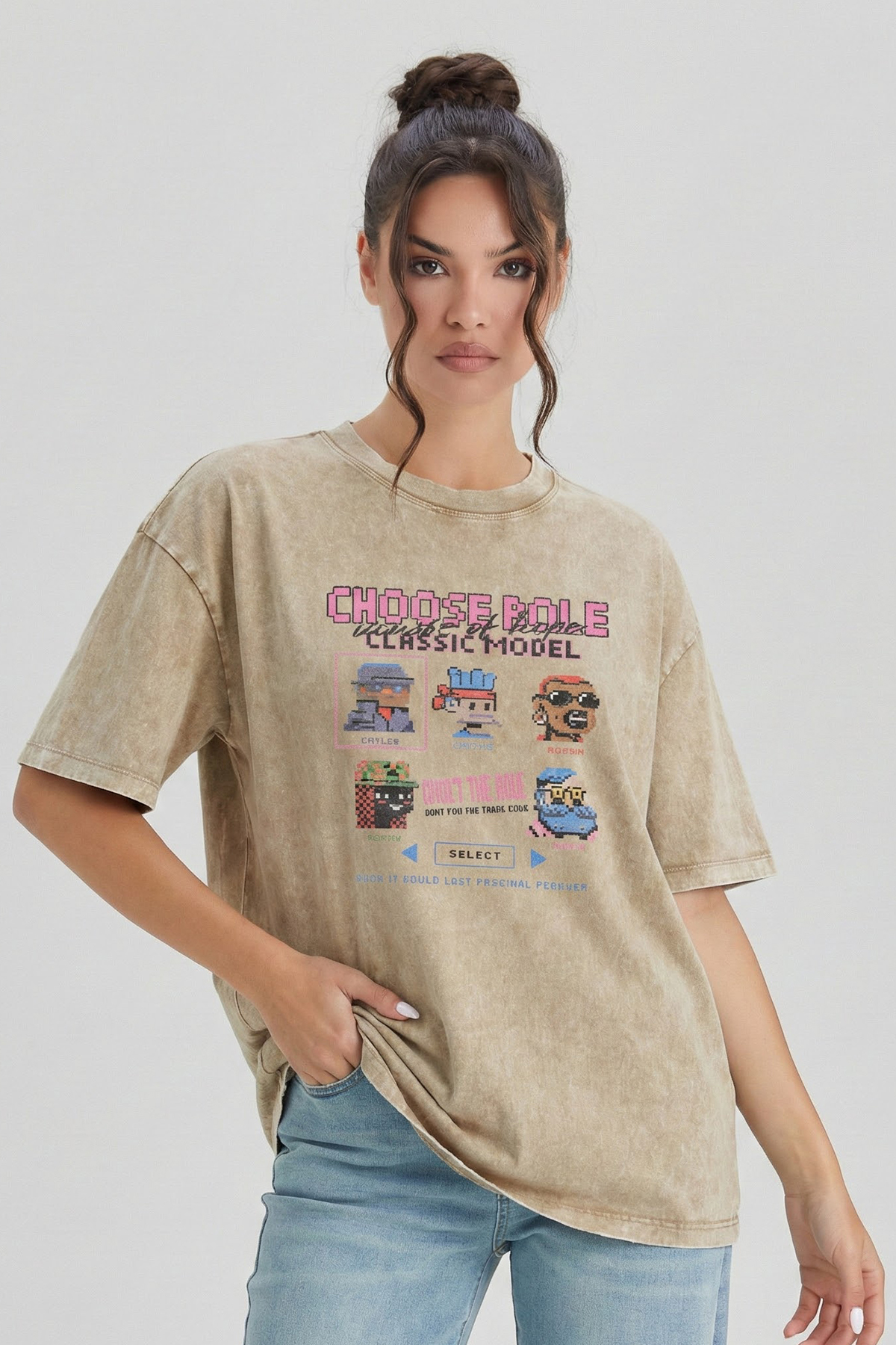 KatchMe Vintage Washed Pixelated Cartoon Print Soft Loose T-Shirt