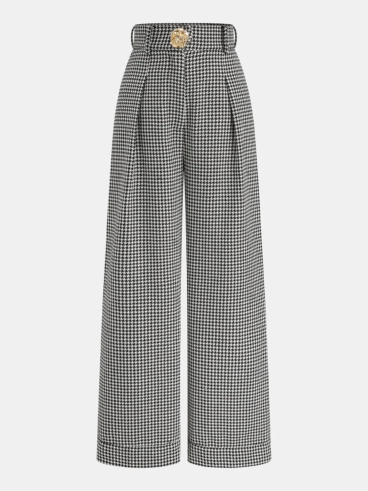 Houndstooth Pleated Buttoned Wide Leg Pants