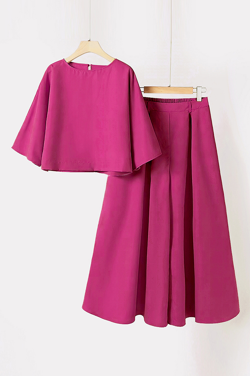 Elegant Half Sleeve Loose Crop Top & Plicated Wide Leg Trousers Co-ord