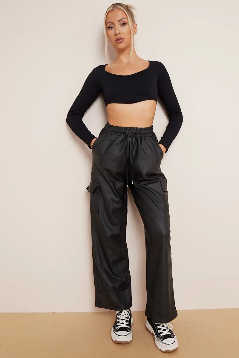 Minimalist Drawstring Waist Wide Leg PU Cargo Pants