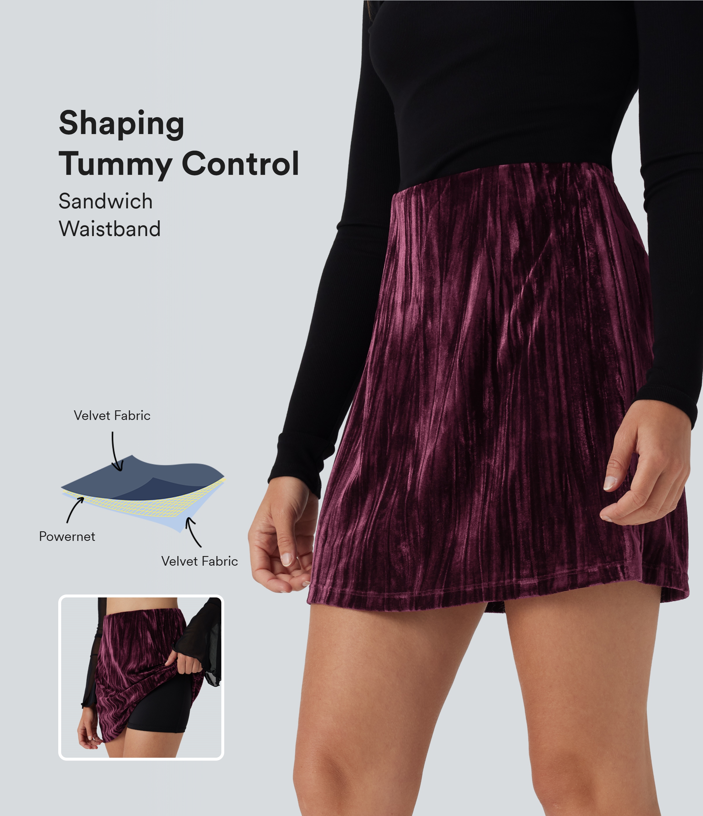 High Waisted Tummy Control 2-in-1 A Line Velvet Mini Casual Skirt