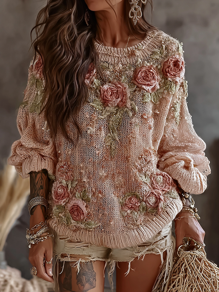 Women's Vintage Floral Embroidered Art Print Casual Hooded Sweater