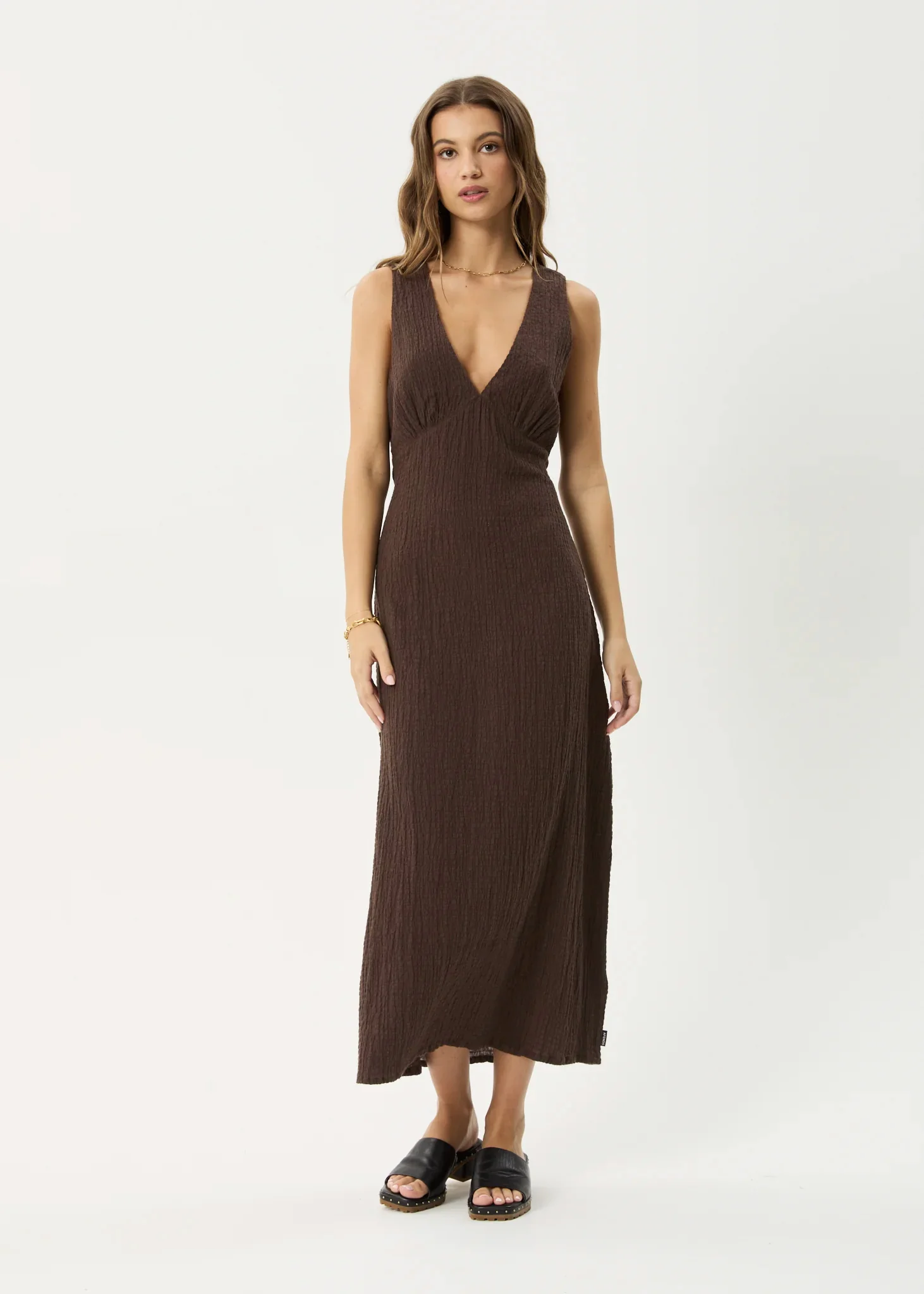 AFENDS Womens Focus Tully - Seersucker Maxi Dress - Coffee