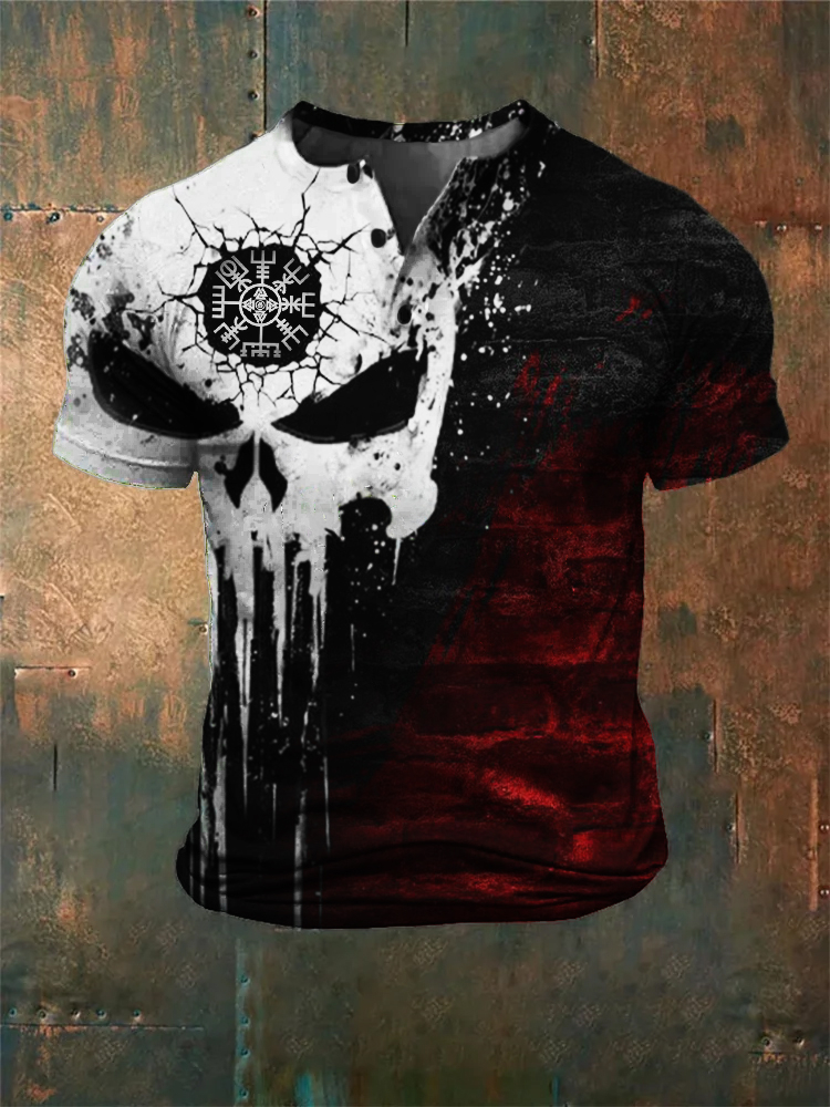 Men's Viking Vegvisir Shot Skull Contrast Bloody Henley Shirt