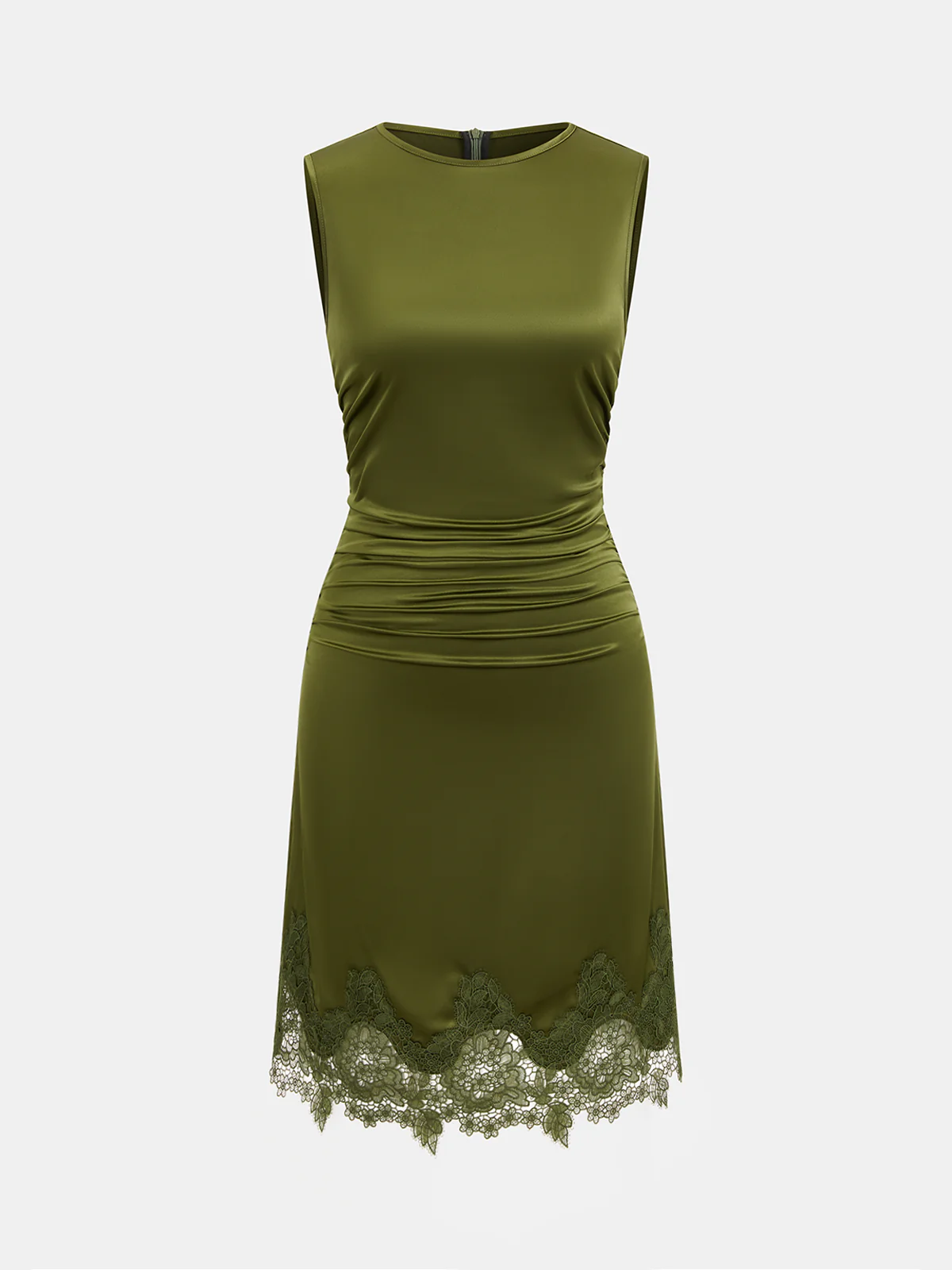 Satin Lace Hem Ruched Sleeveless Mini Dress