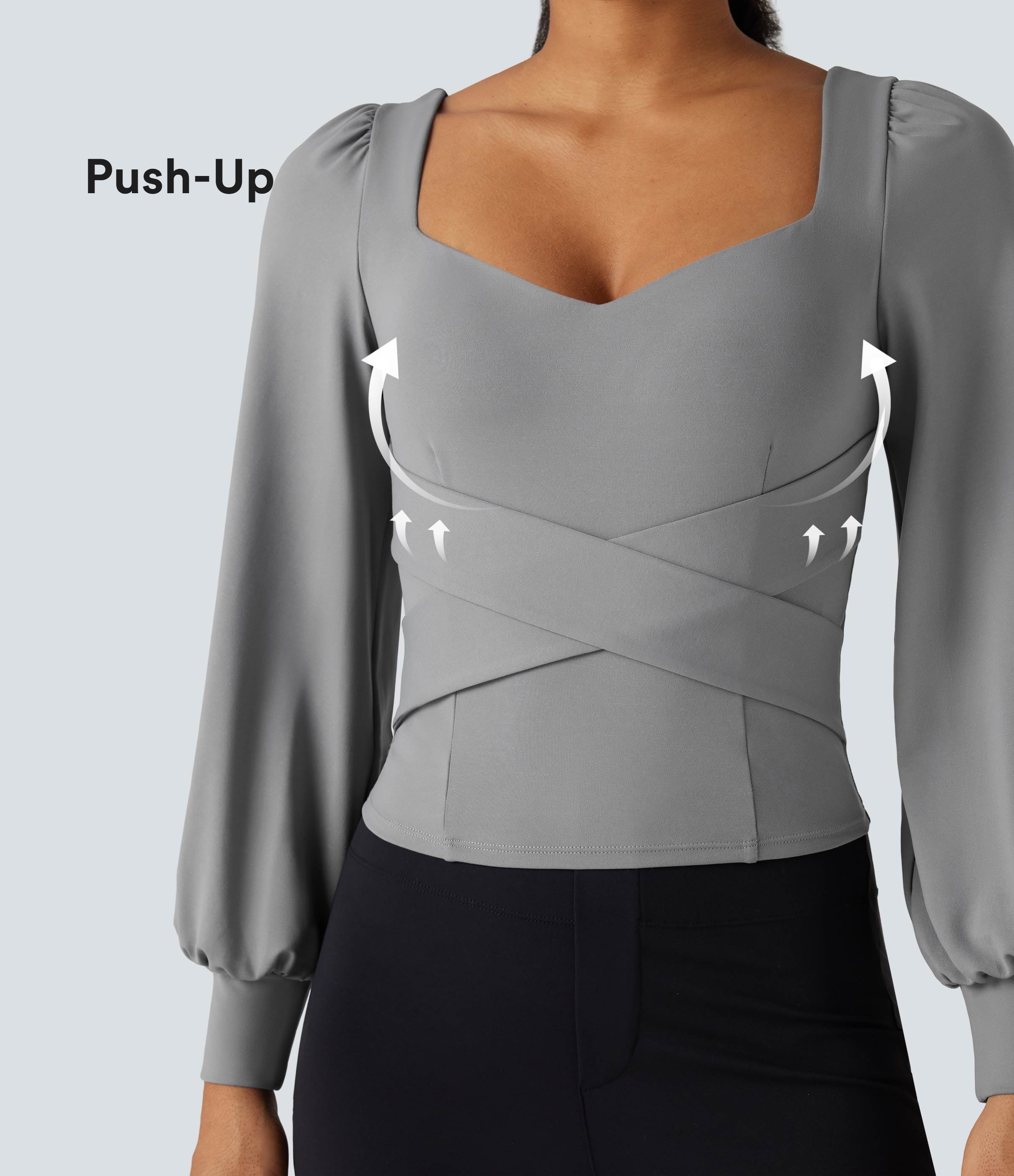 Push-Up Molded Cups Sweetheart Neck Puff Sleeve Crossover Work Top