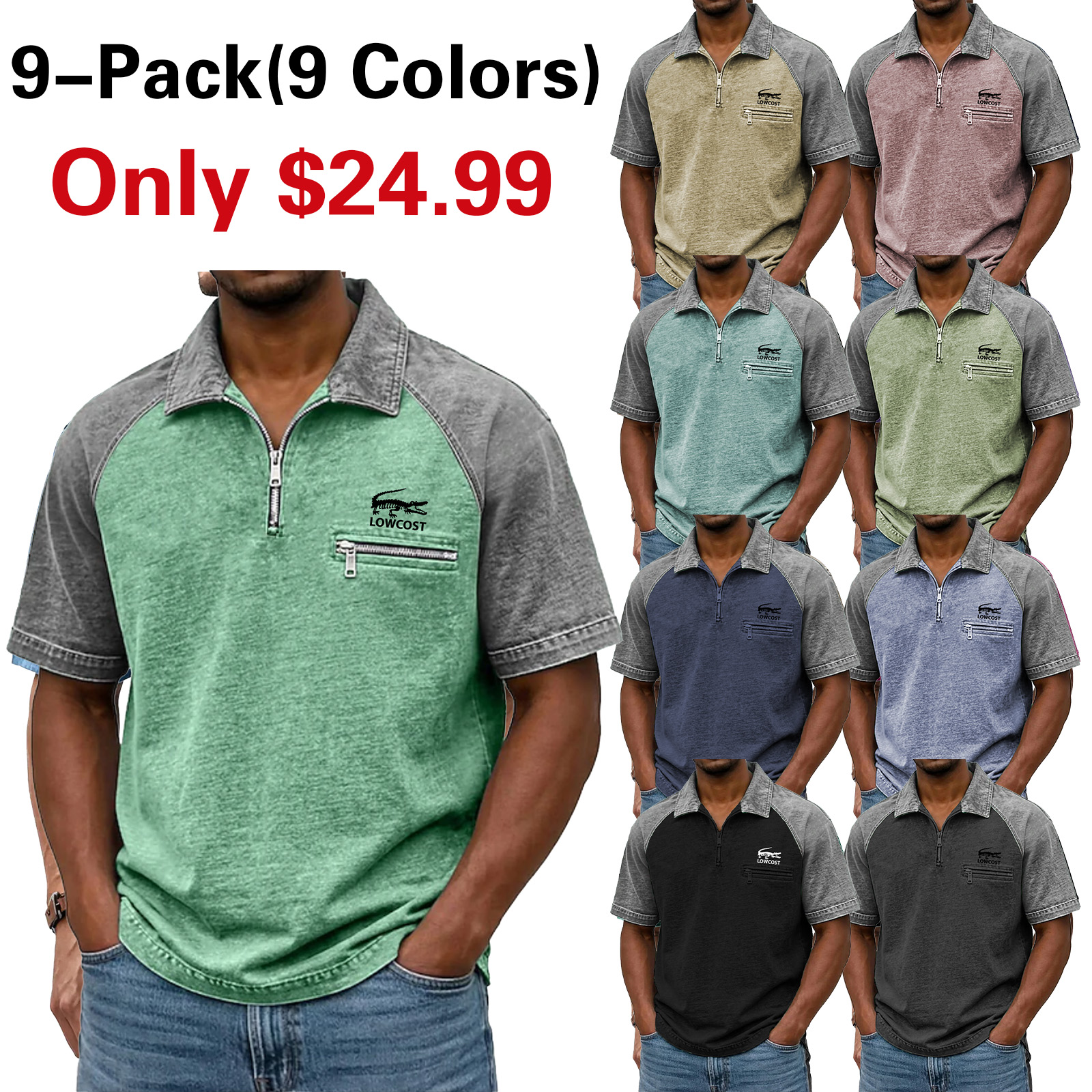 SoftFade™ Men's Polo Shirts 100% Cotton Acid Wash Shirt Casual Streetwear Lapel Quarter Zip Short Sleeve Fashion Basic Plain Color Block Distressed Spring & Summer Relaxed Fit Navy Blue Army