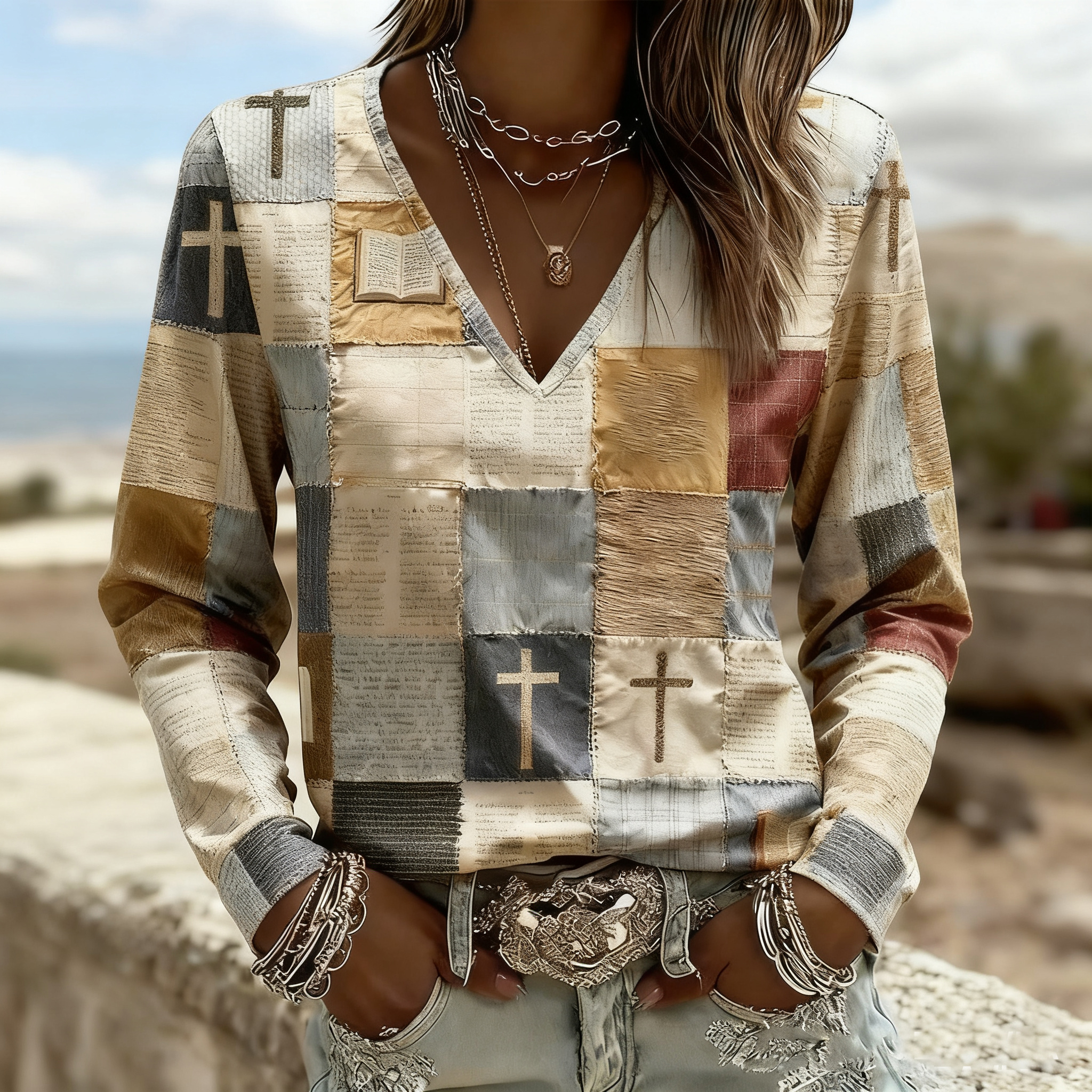 Women's Faith Print Casual V-Neck Long Sleeve T-Shirt