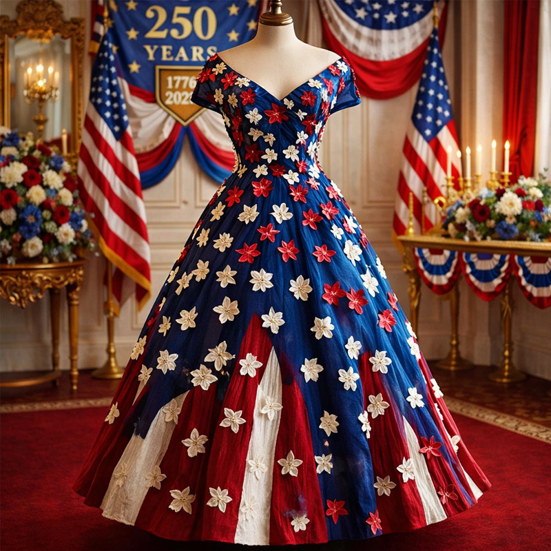 US 250th Anniversary Floral Art Print Casual Dress