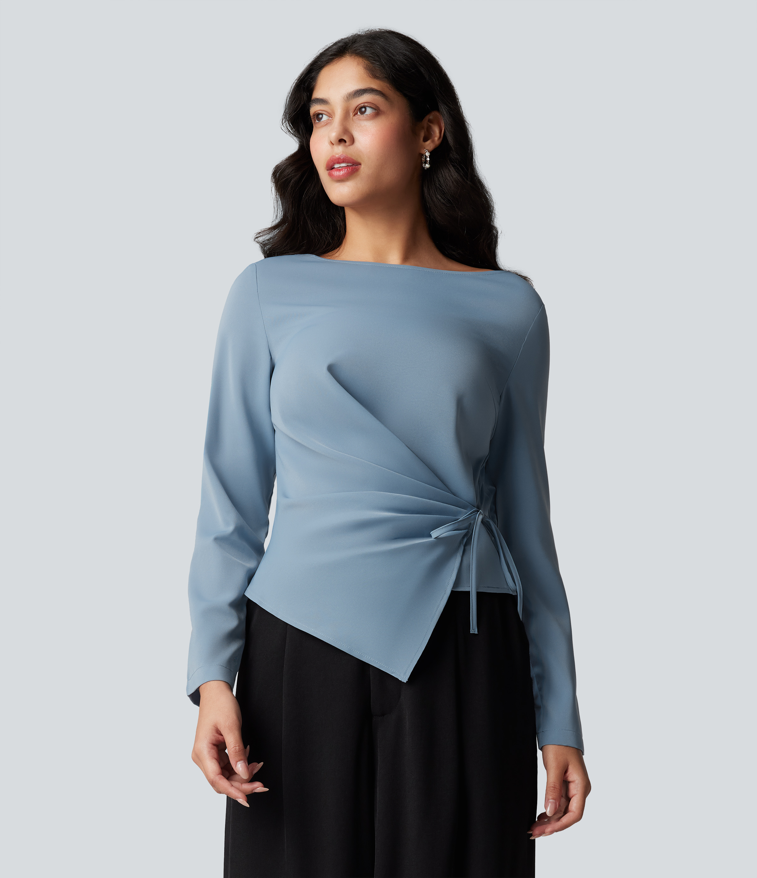 Wrinkle-resistant Boat Neck Long Sleeve Ruched Tie Work Blouse