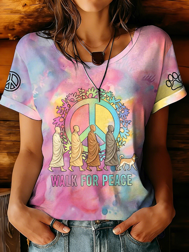 Women's Walk For Peace Monks With Aloka Dog Print Short Sleeve T-shirt