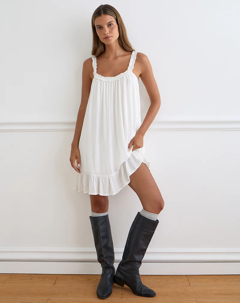 Elowen Frill Mini Dress in Crinkle Off White