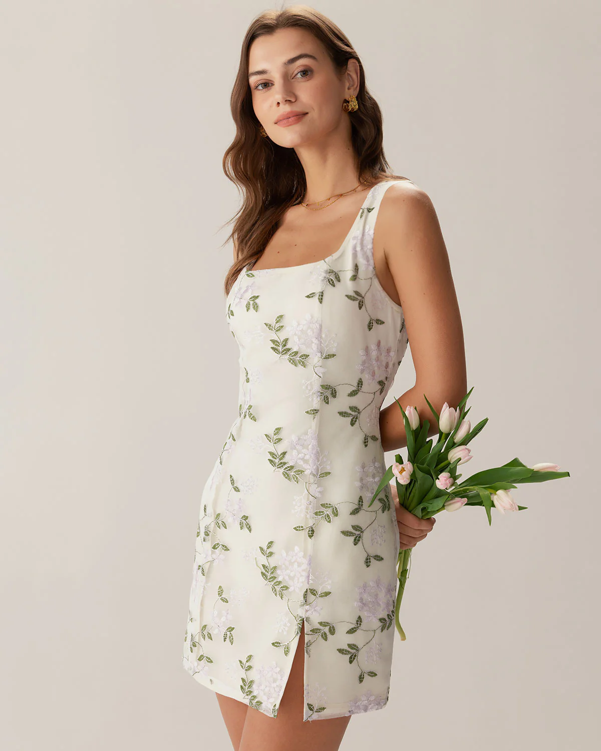 Beige Square Neck Embroidery Slit Slip Mini Dress