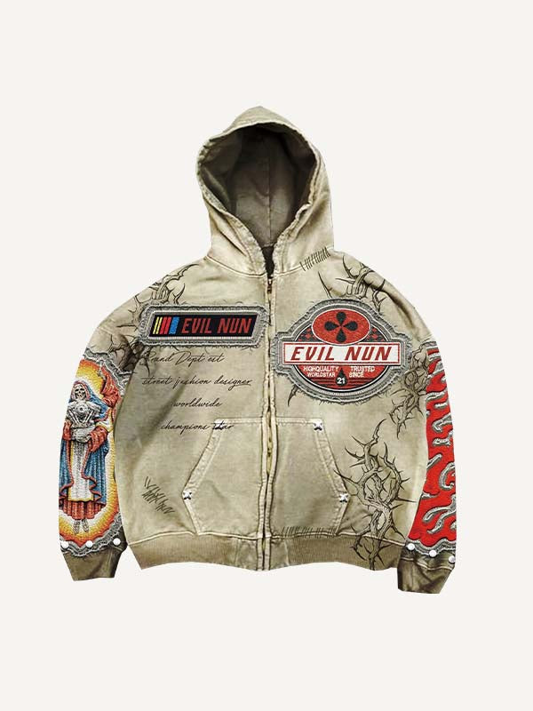 Skeleton&Graphic&Letter Faux Decal Print Zip Up Hooded Coat