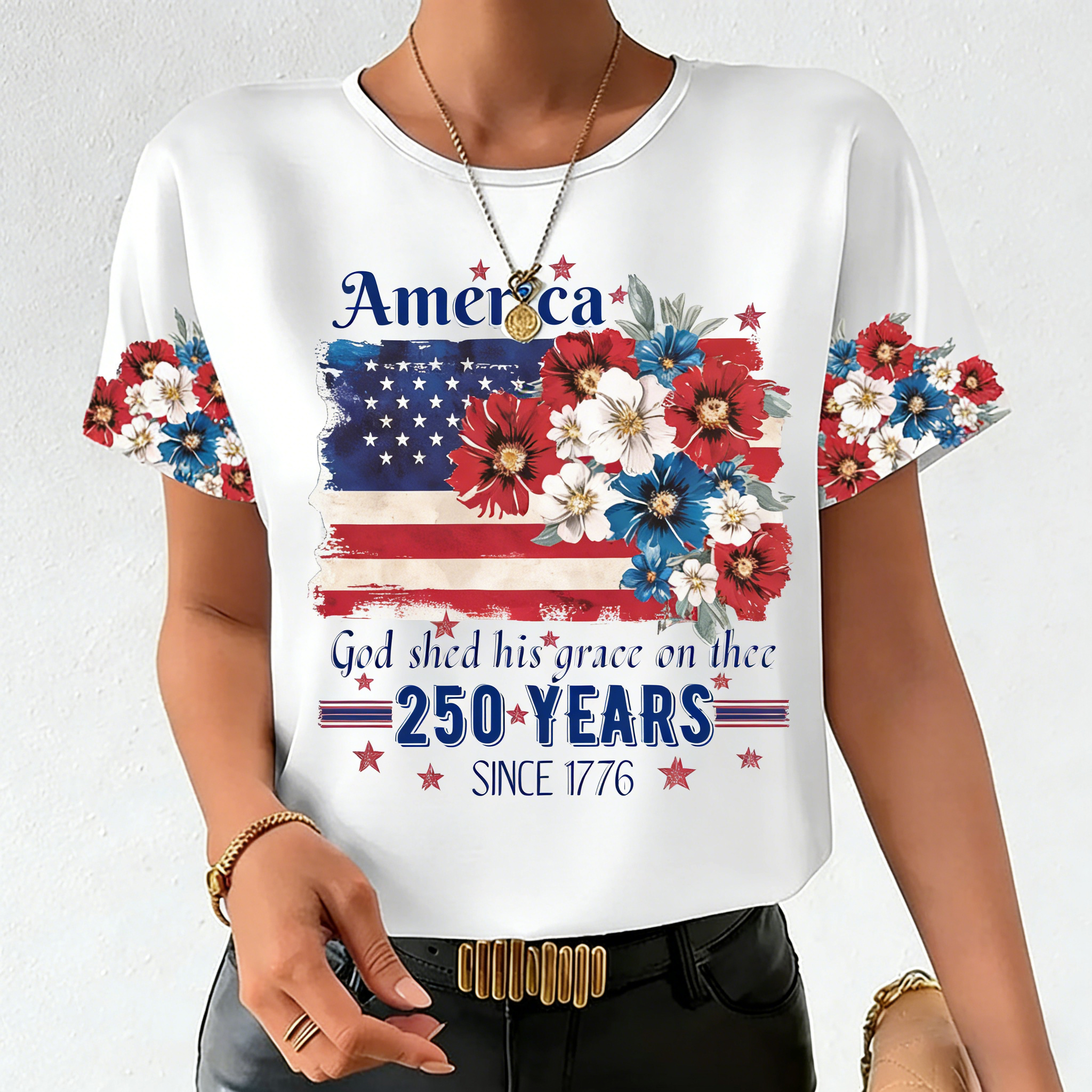 Women's 250th Anniversary National Flag Floral Print Casual T-Shirt