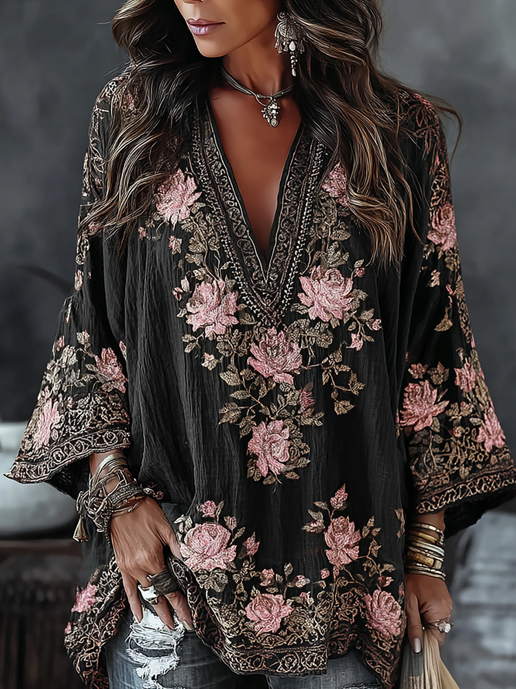 Women's Floral Embroidered Art Print Flowy Linen Blend Casual Tops