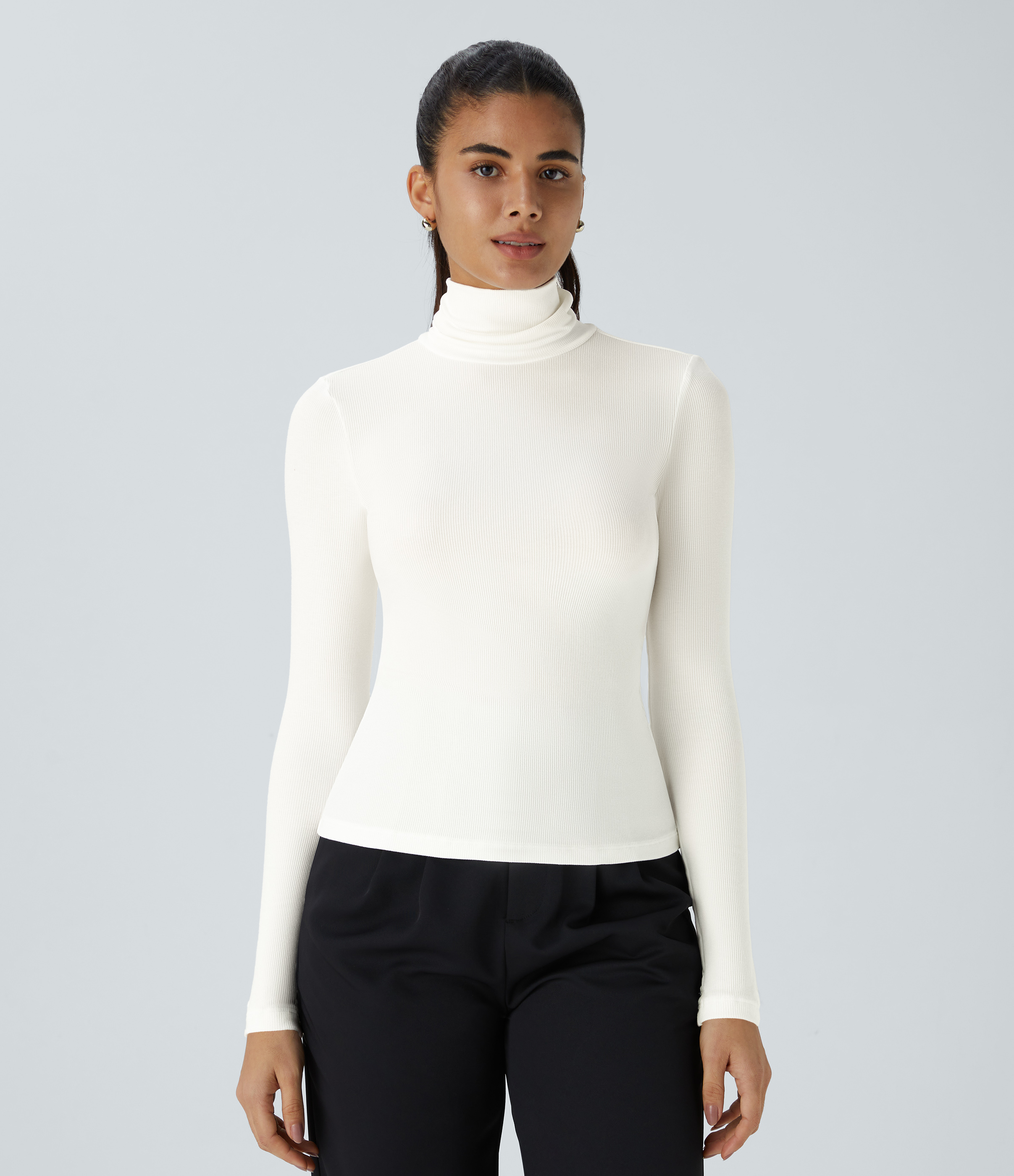 Ribbed Knit High Collar Long Sleeve Casual Top