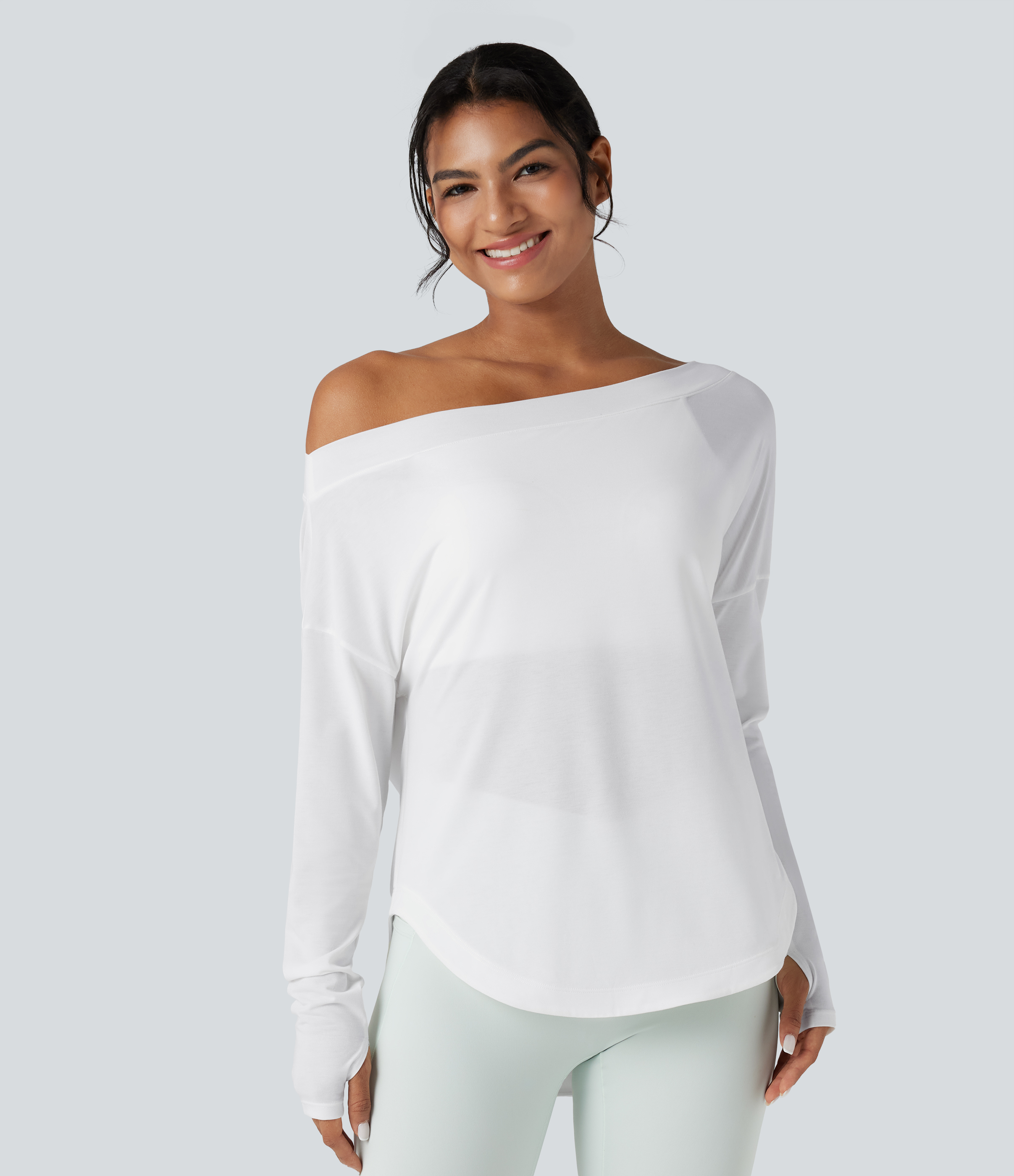 One Shoulder Long Sleeve Thumb Hole Curved Hem High Low Quick Dry Yoga Sports Top-Built-in Bra