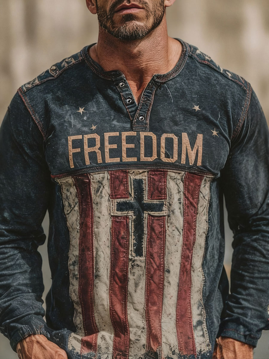 Men's Freedom Print Casual Button T-Shirt