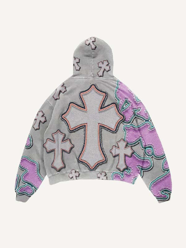 Colorblock Cross&Graphic Faux Decal Print Slant Pockets Hoodie