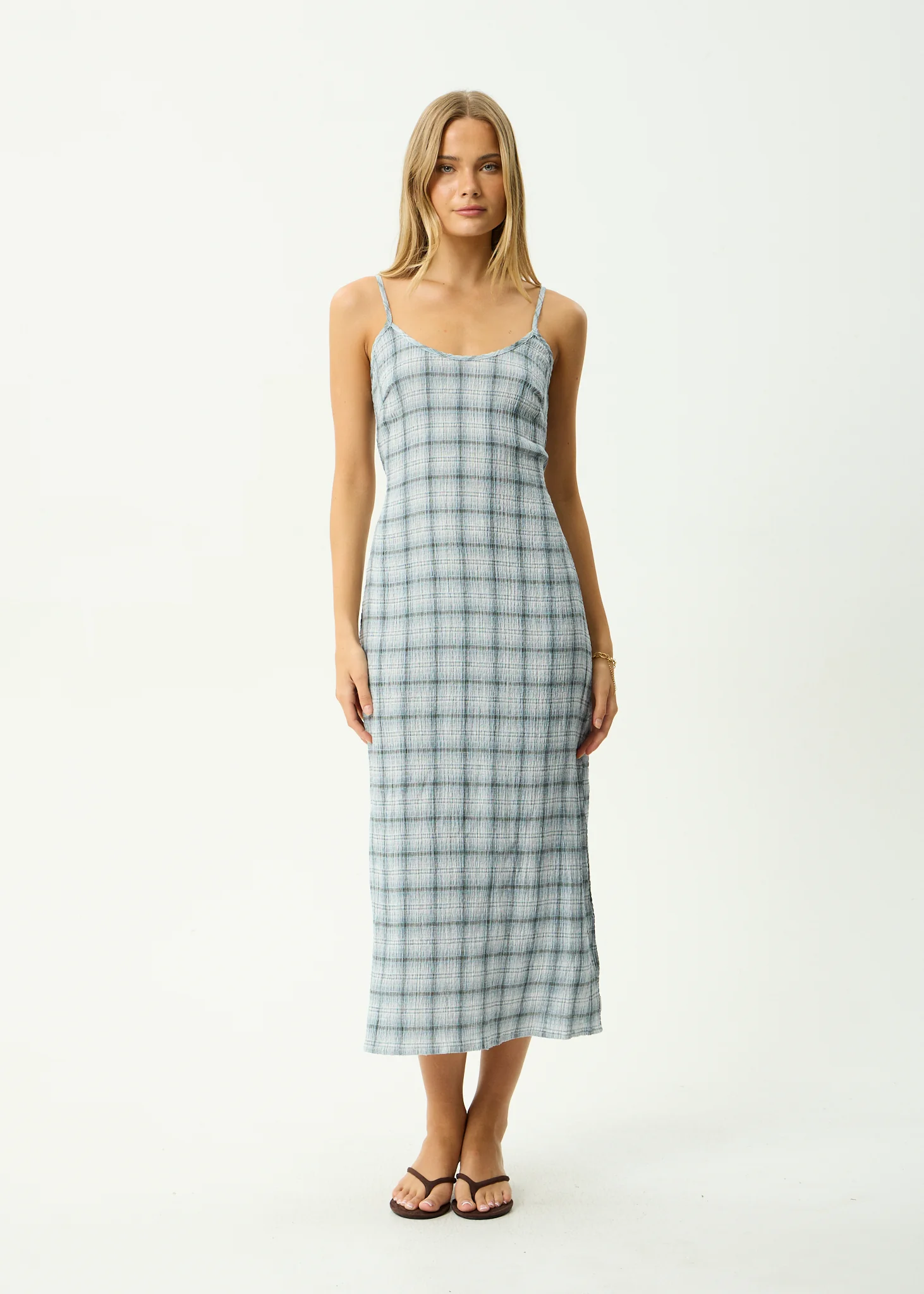AFENDS Womens Rumi - Seersucker Midi Dress - Overcast Check