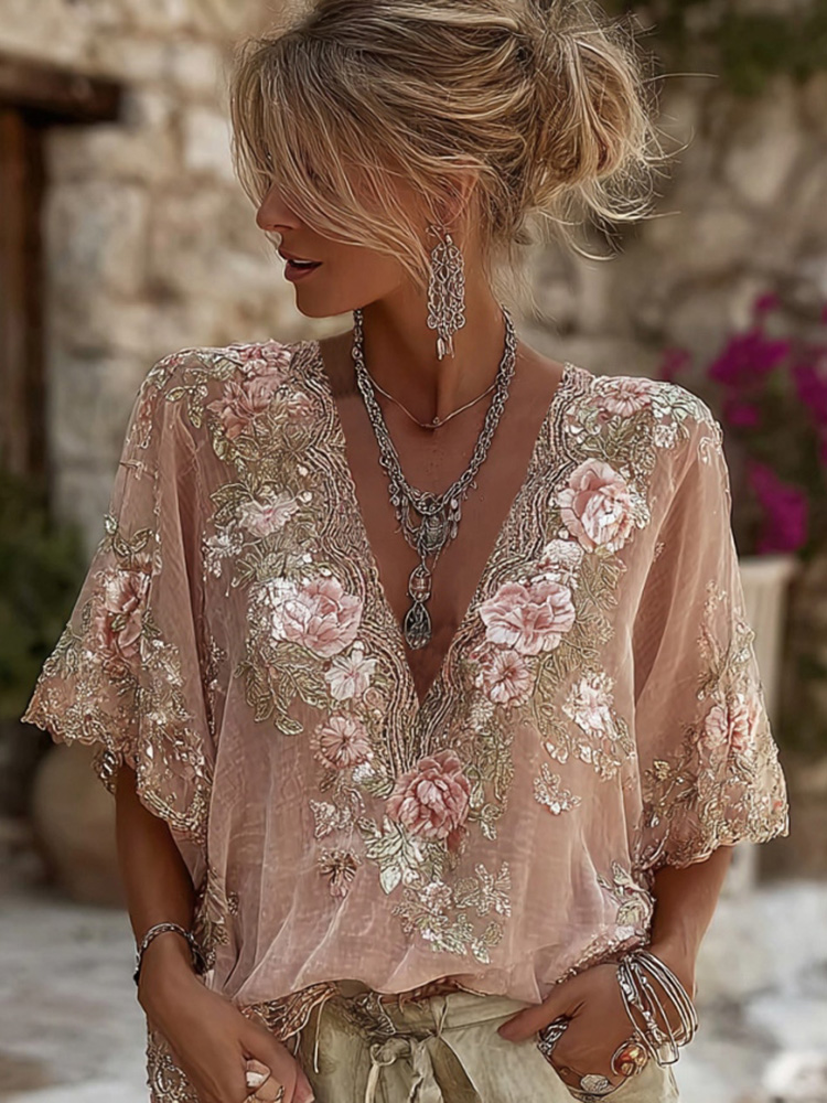 Women's Pink Flower Embroidered Art V-neck Short Sleeve Linen Blend T-shirt