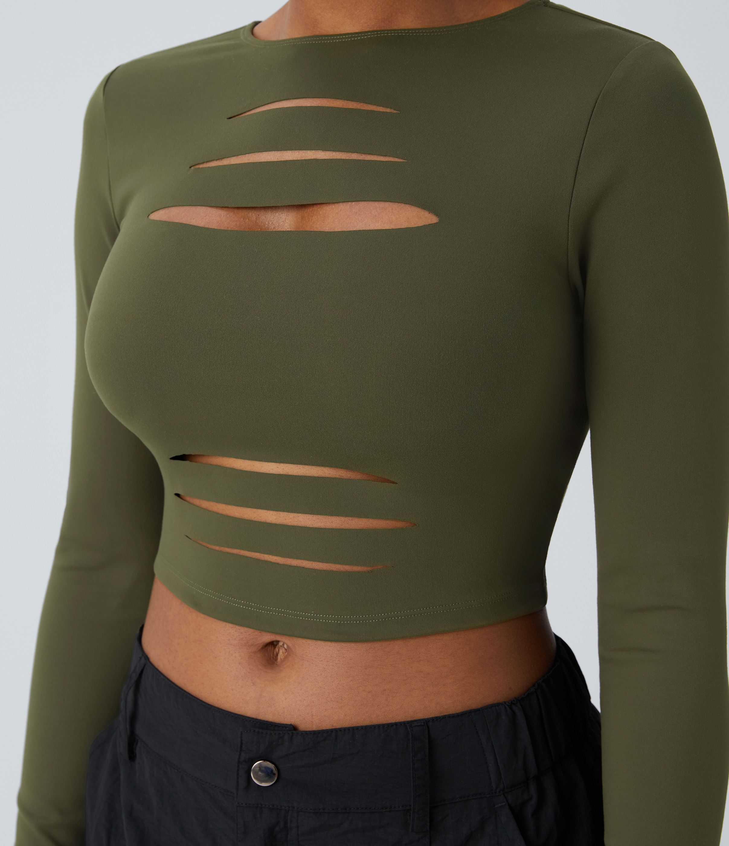 Round Neck Long Sleeve Cut Out Ripped Skinny Cropped Casual Top