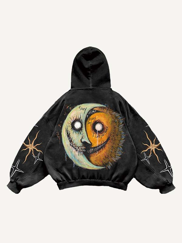 Evil Sun&Moon Print Slant Pockets Hoodie