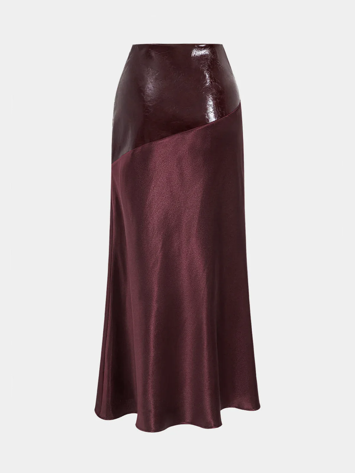 Faux Leather Panel Asymmetric Satin Maxi Skirt