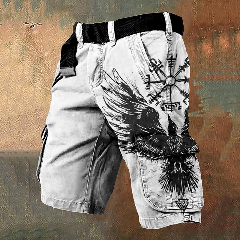 Men'S Retro Viking Rune Birds Art Graphic Cargo Shorts