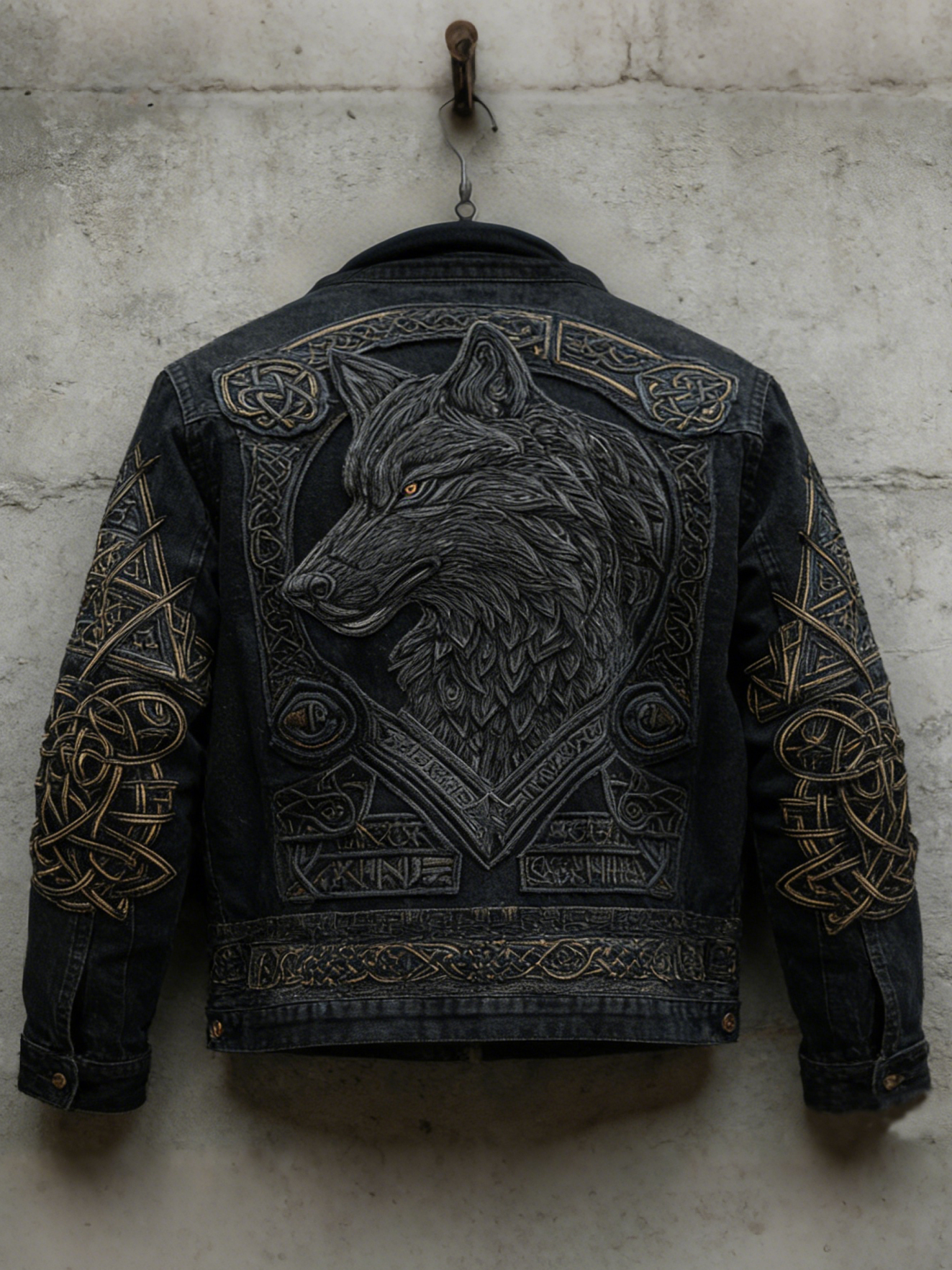 Men's Vintage Viking Celtic Wolf Art Washed Denim Jacket