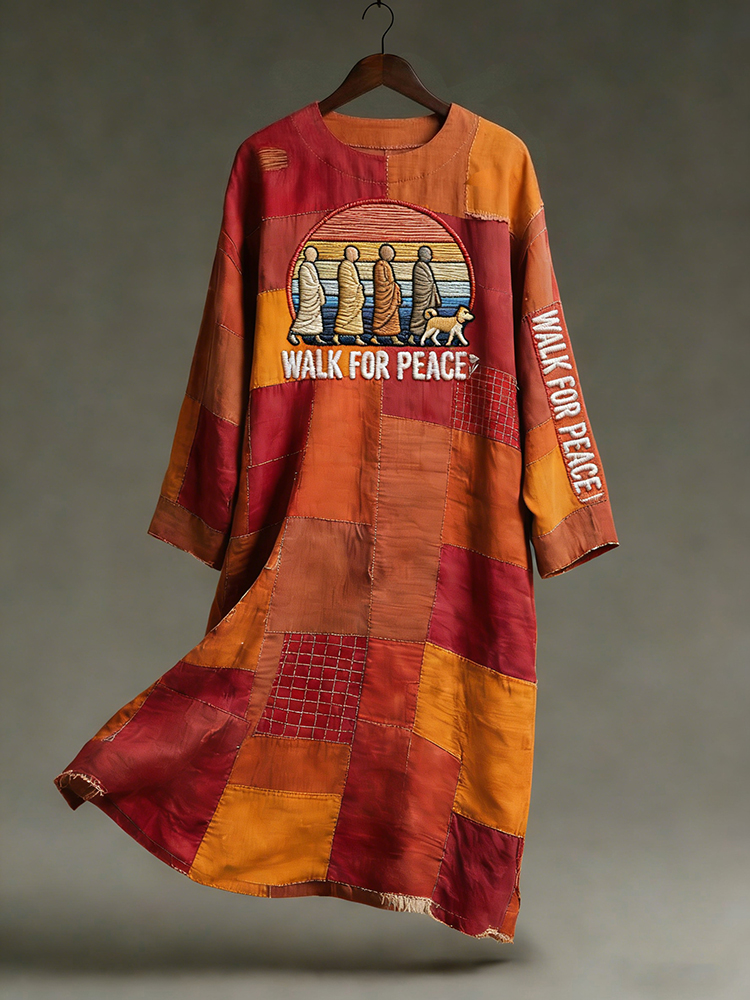 For Peace And Aloka Dog Art In Patchwork Round Neck Dress