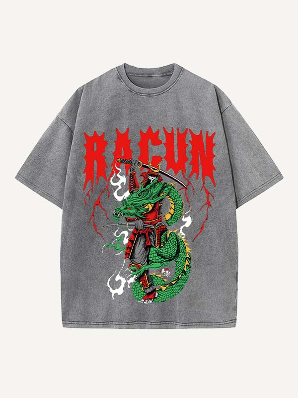 Distressed Washed Warrior&Dragon&Letter Print Round Neck T-shirt