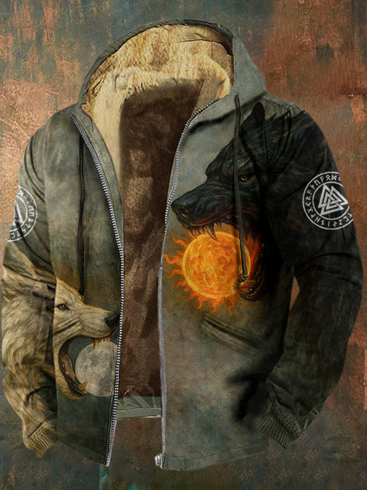Men's Retro Viking Wolf Pattern Casual Zip-up Jacket