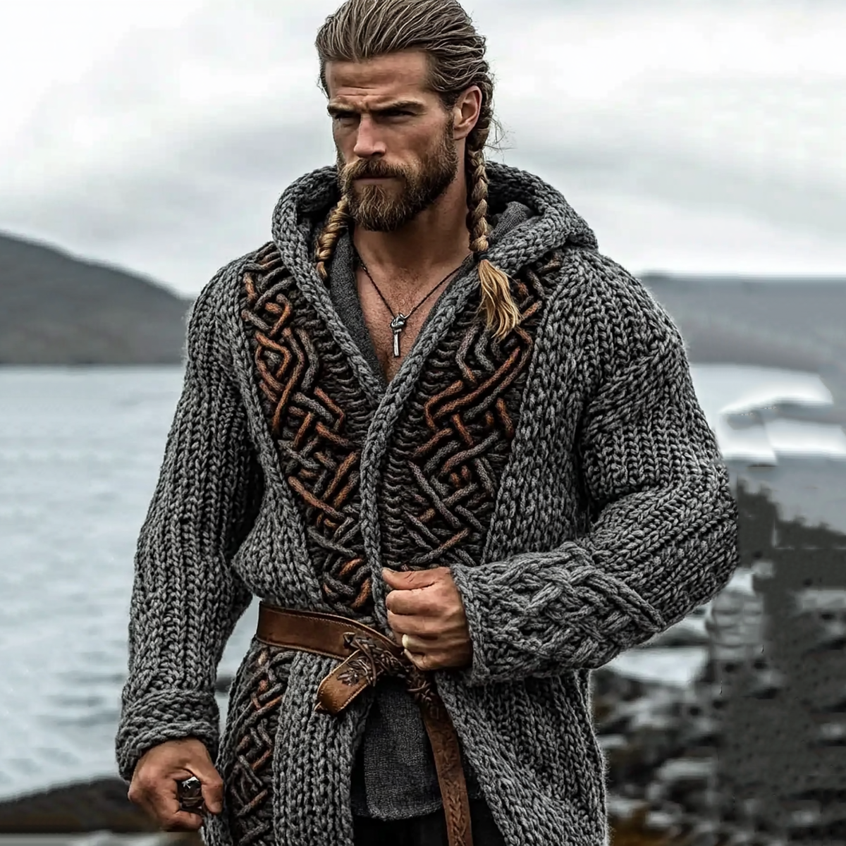 Men's Viking Tribal Wings Celtic Knit Cozy Hooded Jacket